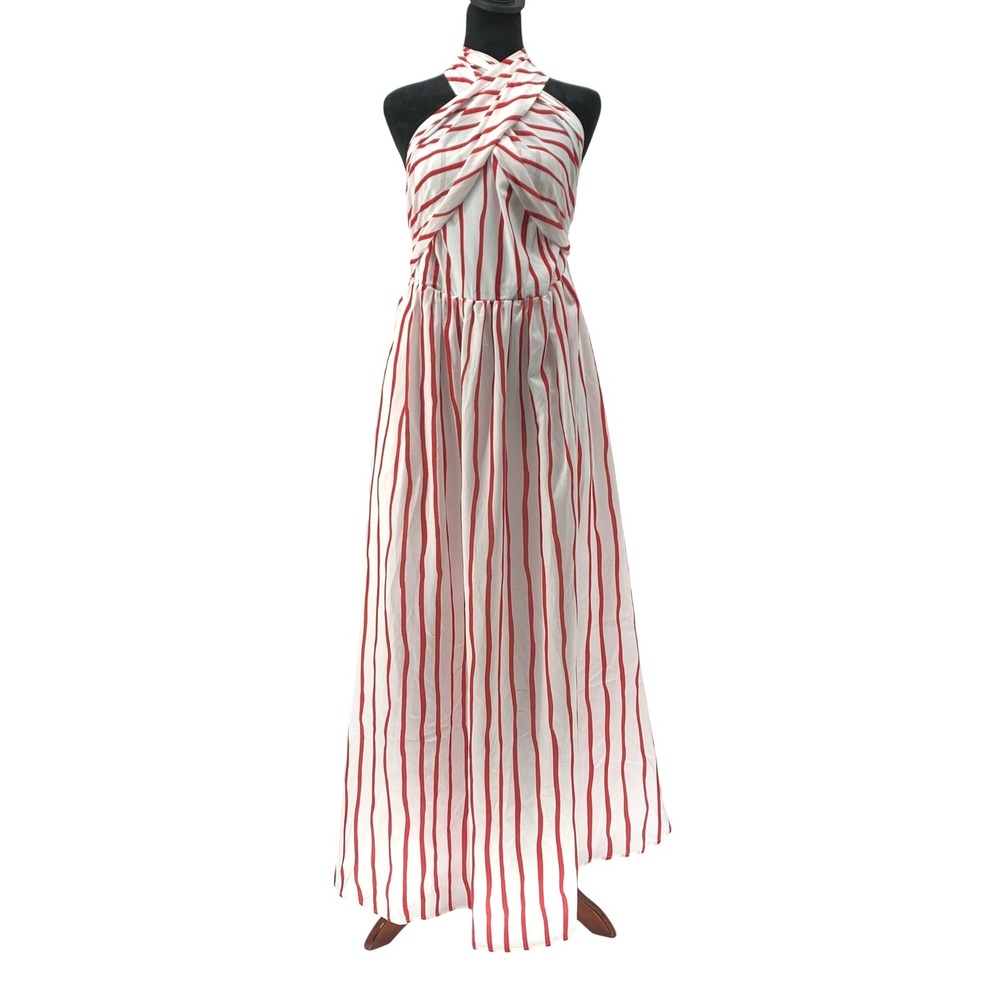 Commense size Large Red White Striped Twist Halter Maxi Dress